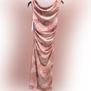 Madden Girl Pink Floral Ruched Midi Dress M Sleeveless Draped Romantic Bodycon